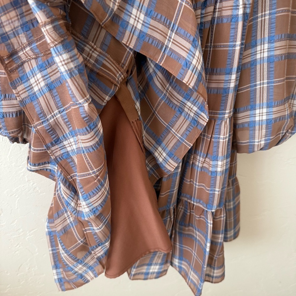 Brown Blue Plaid Babydoll Mini Dress Coquette Gianni Bini NWT S - Picture 7 of 9